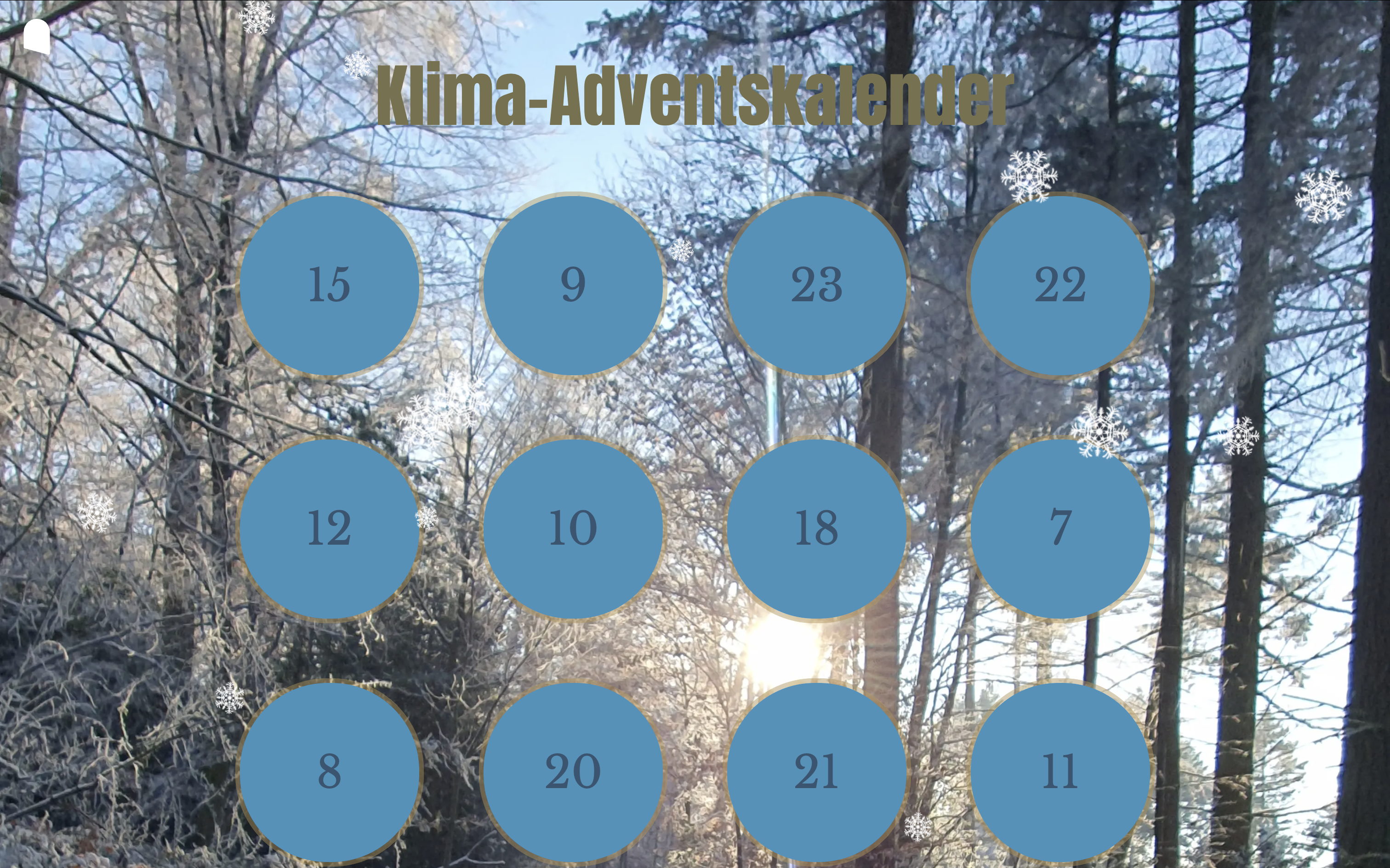 Digital Advent calendar with a frosty winter forest background and light blue round doors.