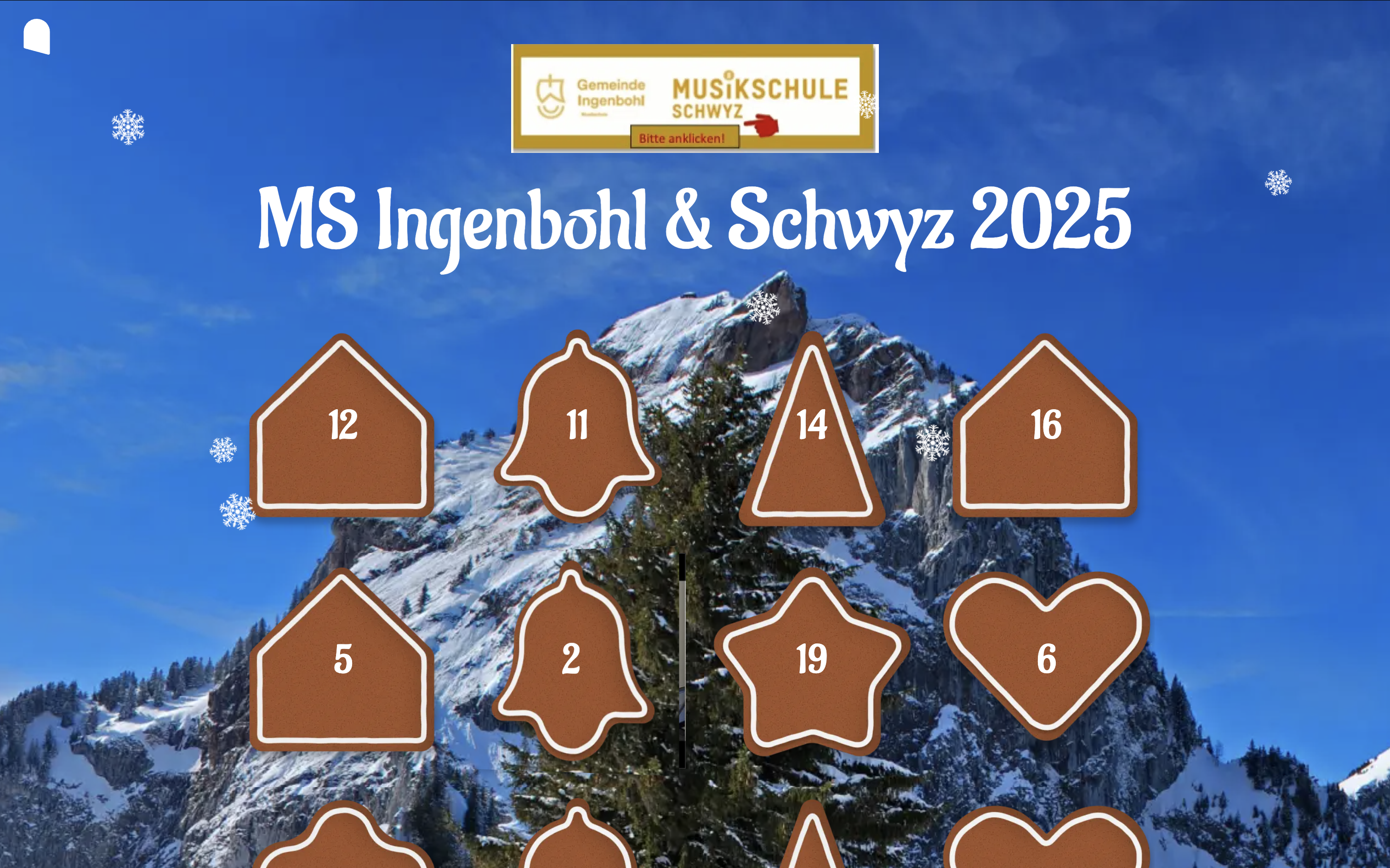 Mountain panorama in the background with gingerbread-style doors and Advent calendar numbers written in sugar icing.