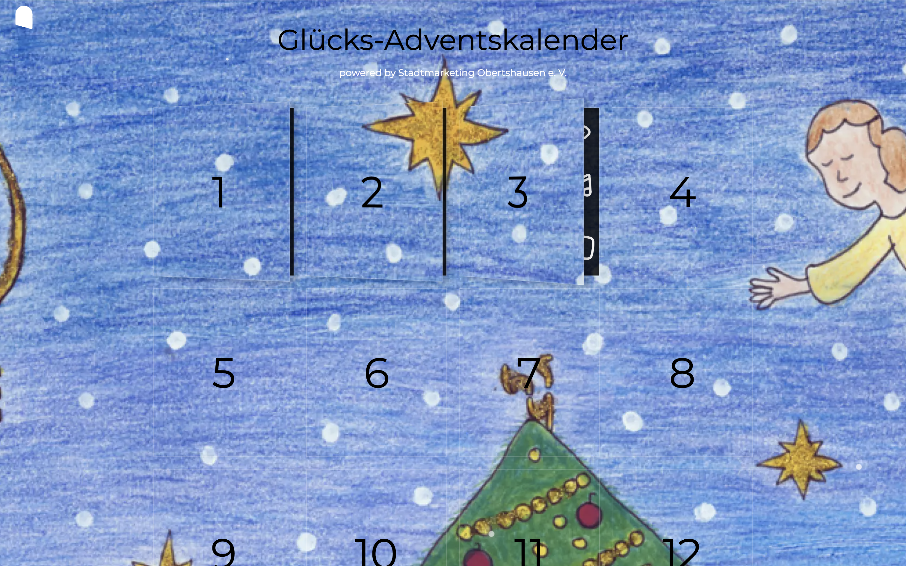 Childlike drawing of the “Lucky Advent Calendar” by Obertshausen City Marketing, showing a snowy sky, stars, an angel, a Christmas tree, numbered Advent doors, and several partially opened windows.